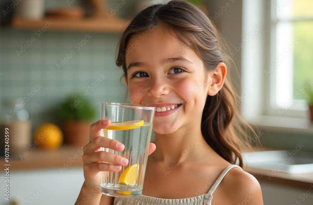 Cute little girl holding glass of water and smiling at camera in kitchen Cute little girl holding glass of water and smiling at camera in kitchen