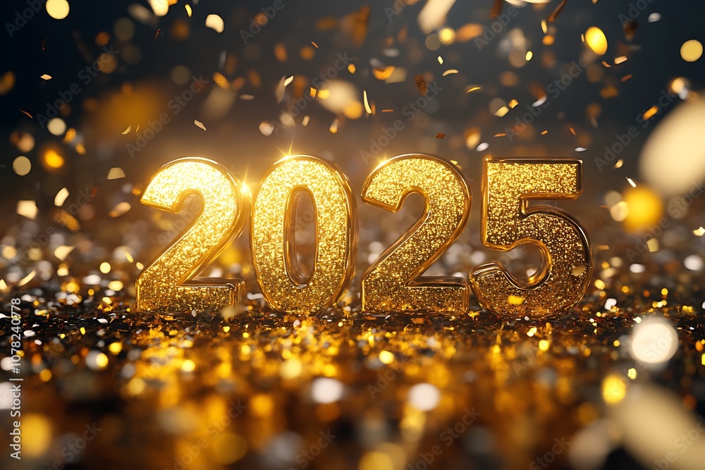 Happy New Year 2025 in bold golden letters surrounded by shimmering confetti and lights. Happy New Year 2025 in bold golden letters surrounded by shimmering confetti and lights.