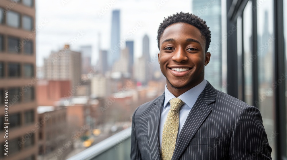 Fototapeta premium Confident Young Businessman in Urban Skyline Setting