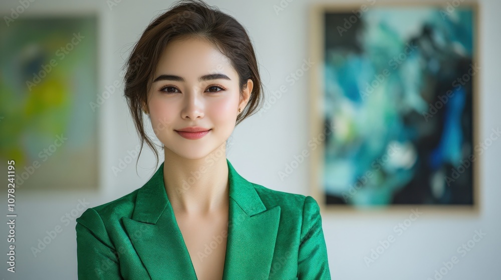 Elegant Young Woman in Green Suit Against Artistic Background