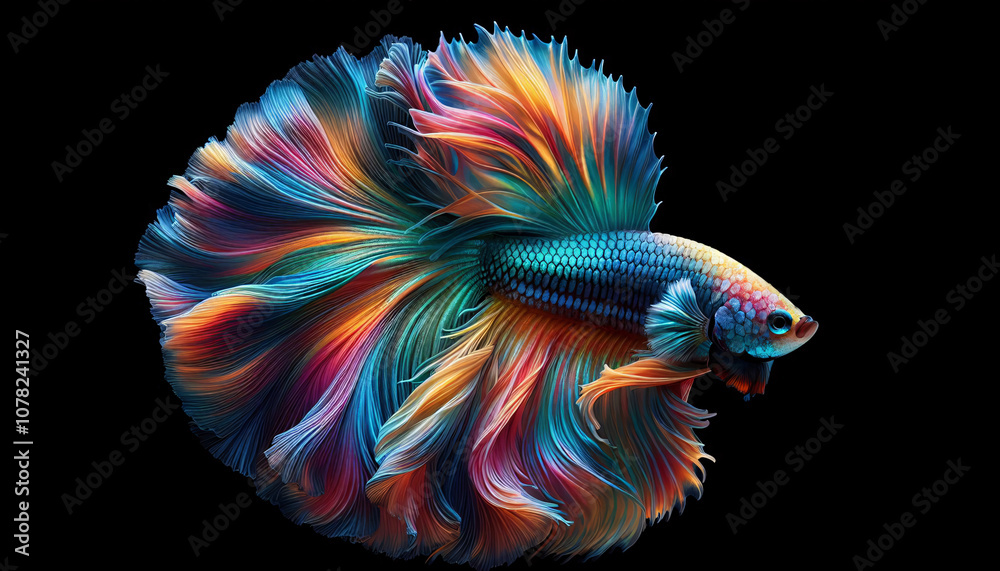 Obraz premium Schimmernder Kampffisch auf schwarzem Hintergrund, copy space, multicolored