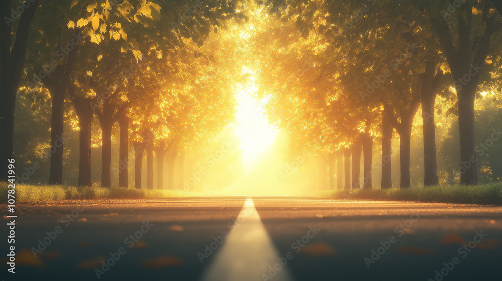 A road with trees on either side and a sun shining through the trees A road with trees on either side and a sun shining through the trees