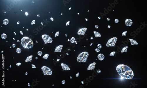 A scattering of diamonds falls against a black background