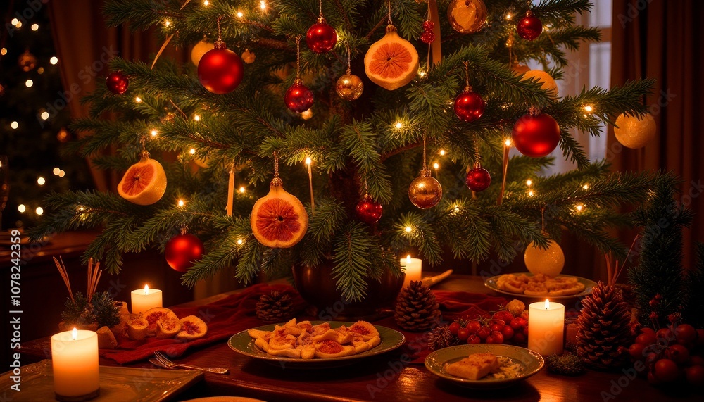 Festive Christmas tree decorated with ornaments, fig tree fruit and holiday treats on dining table Festive Christmas tree decorated with ornaments, fig tree fruit and holiday treats on dining table