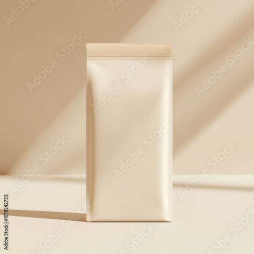 A Single, Blank, Cream-Colored Packaging Pouch Against a Beige Background