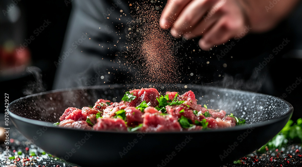 A hand sprinkles seasoning over steaming, fresh meat in a black pan. The meat is cooked and ready to be served A hand sprinkles seasoning over steaming, fresh meat in a black pan. The meat is cooked and ready to be served