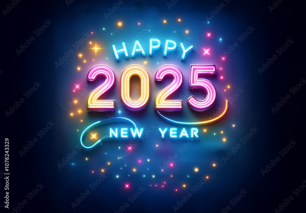 Bunte Neon Leuchtbuchstaben mit der Jahreszahl 2025 auf blauem Hintergrund, Text Bunte Neon Leuchtbuchstaben mit der Jahreszahl 2025 auf blauem Hintergrund, Text