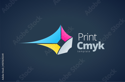 Logo Print Cmyk theme printing. Perspective 3d figure startup. Template design vector. Black background.