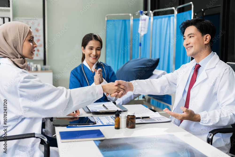 Fototapeta premium Applause, success with doctors in meeting for presentation, medical and research. Training, healthcare with group of people workshop event for medicine, target or teamwork.