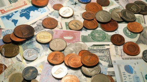 A variety of coins and banknotes scattered on a surface, representing global currency.