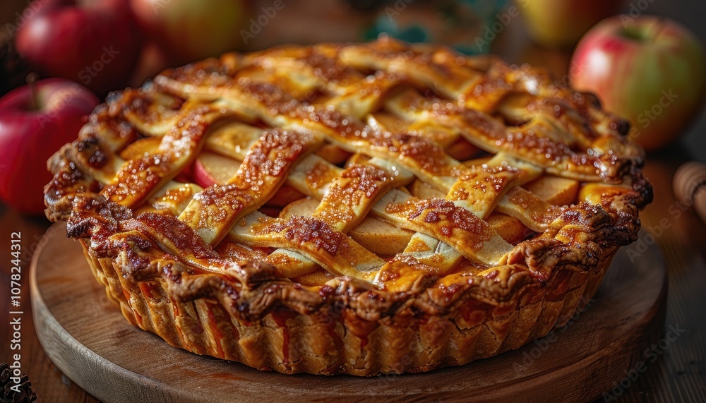 A Close-Up of a Golden Brown Apple Pie with a Lattice Crust A Close-Up of a Golden Brown Apple Pie with a Lattice Crust