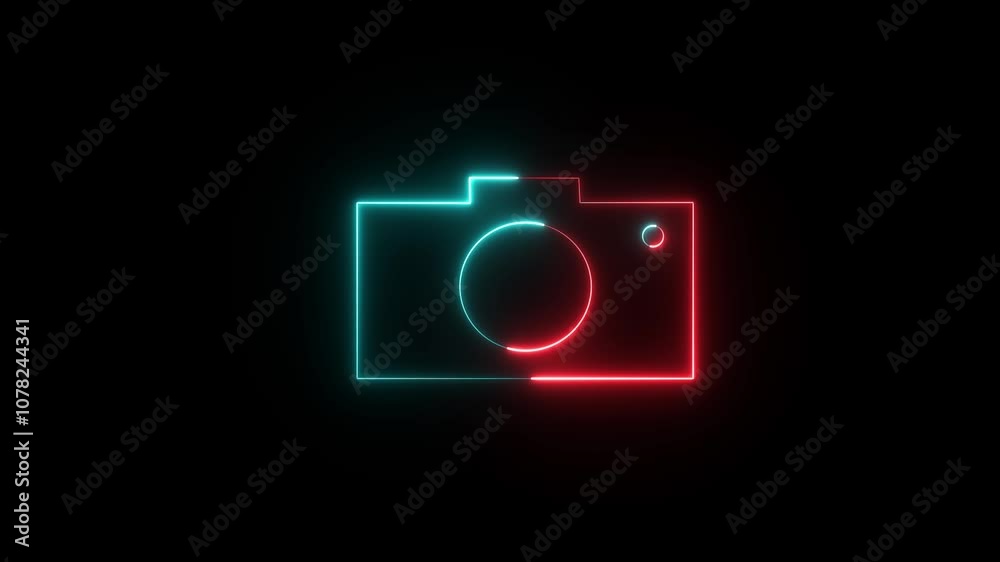 Light glowing neon red and blue color camera animation icon camera frame pictogram photograph animated on black background. Light glowing neon red and blue color camera animation icon camera frame pictogram photograph animated on black background.