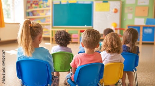 A group of children in a classroom are sitting in colorful chairs facing the front, listening intently to their teacher.