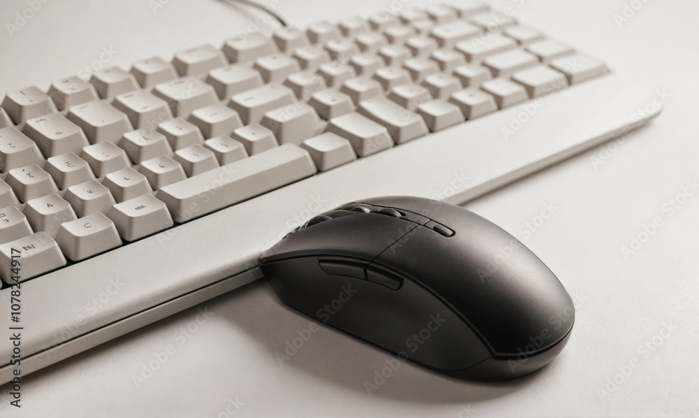 A white keyboard and a black mouse sit on a desk, ready for use A white keyboard and a black mouse sit on a desk, ready for use
