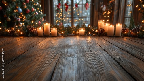 Wooden empty table with candles in front of Christmas tree with ornaments in the background