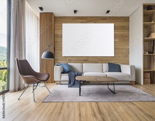 Salón minimalista de estilo escandinavo con tonos neutros de madera con una pantalla mock up en blanco, sofa de color claro, diseño de interiores, arquitectura, casa