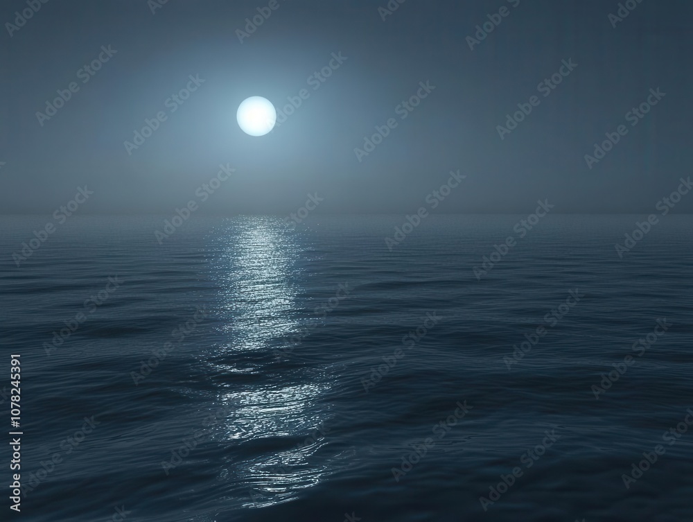 A serene night view of a calm ocean reflecting the bright full moon, creating a peaceful and tranquil atmosphere. A serene night view of a calm ocean reflecting the bright full moon, creating a peaceful and tranquil atmosphere.