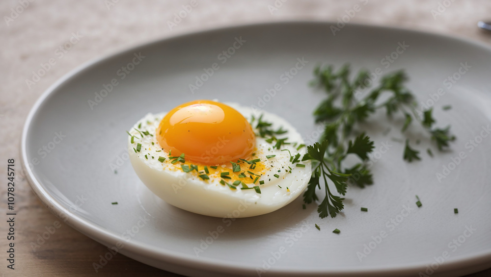 A halved hard-boiled egg, yolk centered, with parsley and seasonings on a light gray plate. A halved hard-boiled egg, yolk centered, with parsley and seasonings on a light gray plate.