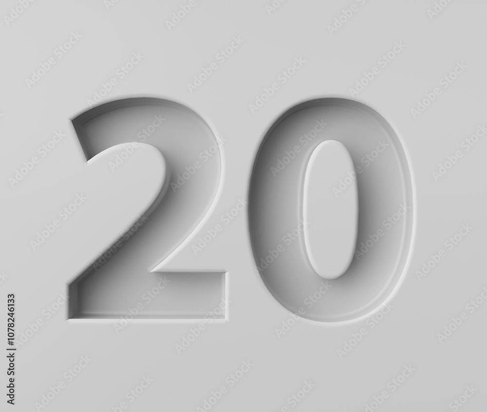 Sleek White Number 20 Twenty With A Subtle Shadow Embossed Into Grey Background 3D Illustration Sleek White Number 20 Twenty With A Subtle Shadow Embossed Into Grey Background 3D Illustration