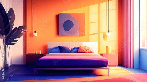 A bedroom with a purple bed and a white dresser