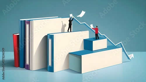 Illustration of individuals climbing a ladder of knowledge using books to symbolize the journey towards achievement and success in education and personal growth through determination and effort