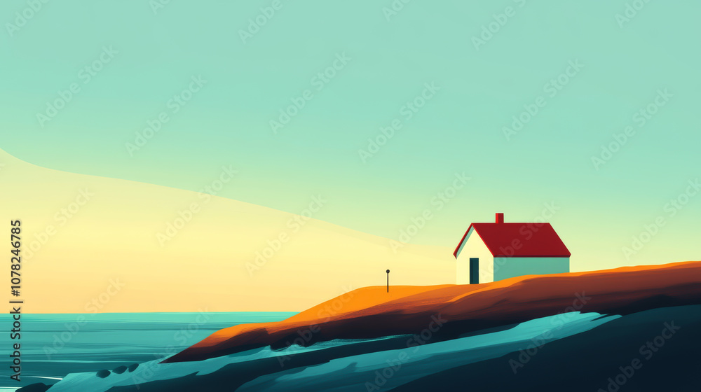 Fototapeta premium A small white house sits on a hill overlooking the ocean