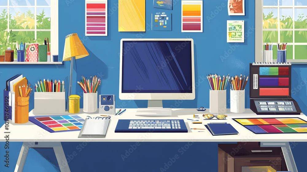 A well-organized desk with a computer, art supplies, and a window with a view. A well-organized desk with a computer, art supplies, and a window with a view.