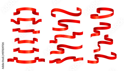 Set of realistic waved red silk ribbons isolated on a white background. Design element for greeting card. Beautiful holiday decorations. Vector illustration