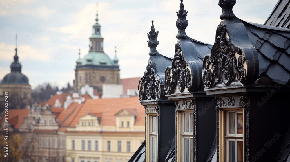 Fototapeta premium Elegant european architecture, ornate black wrought iron roof in historical cityscape