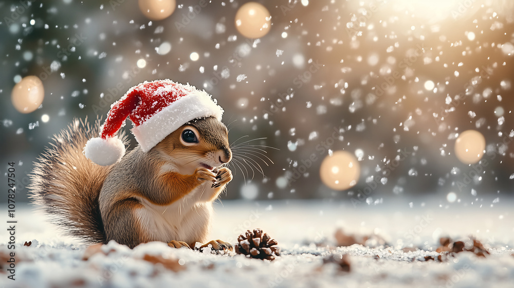 Fototapeta premium Christmas squirrel wearing santa hat in snowy forest