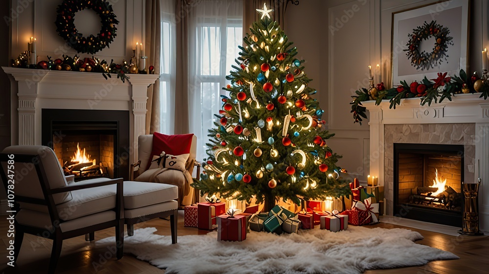 interior christmas. magic glowing tree, fireplace, gifts interior christmas. magic glowing tree, fireplace, gifts