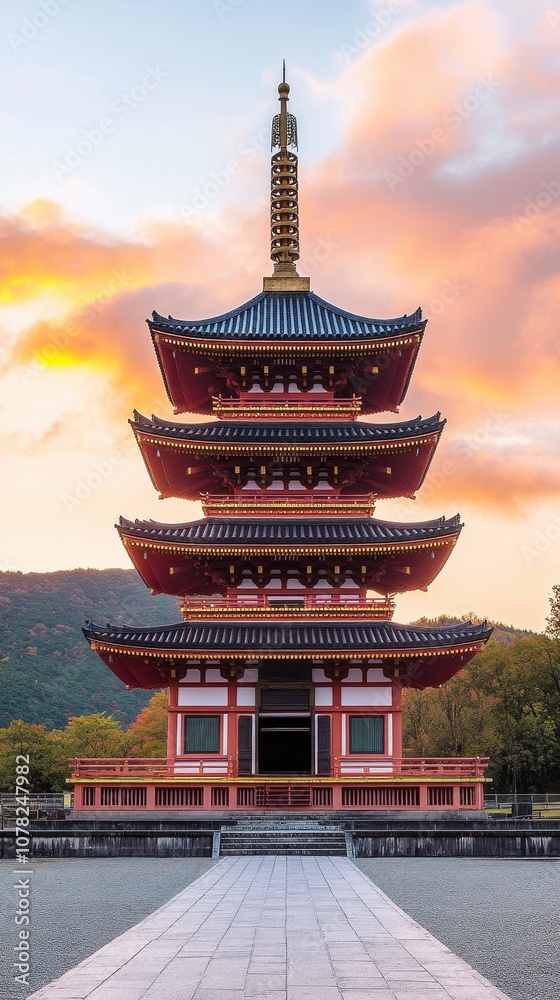 Warm sunset light highlights the intricate details of a Japanese pagoda amid a tranquil setting Warm sunset light highlights the intricate details of a Japanese pagoda amid a tranquil setting