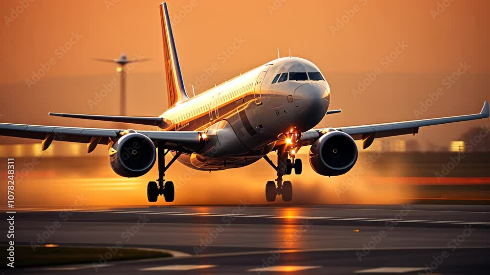 Commercial Passenger Airplane Taking Off Landing in Airport at Sunset Sunrise with Blurred Bokeh Lights Background