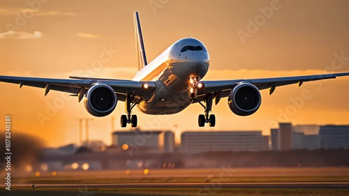 Commercial Passenger Airplane Taking Off Landing in Airport at Sunset Sunrise with Blurred Bokeh Lights Background