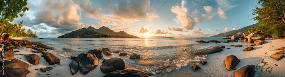 A panoramic view of rocks on the beach at sunset, with waves crashing against them and a dramatic sky in the background