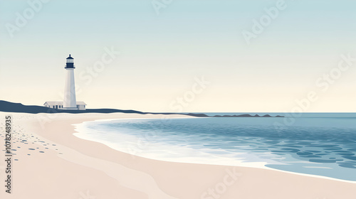 A lone lighthouse stands tall on a sandy beach, overlooking the vast blue ocean with gentle waves lapping at the shore.