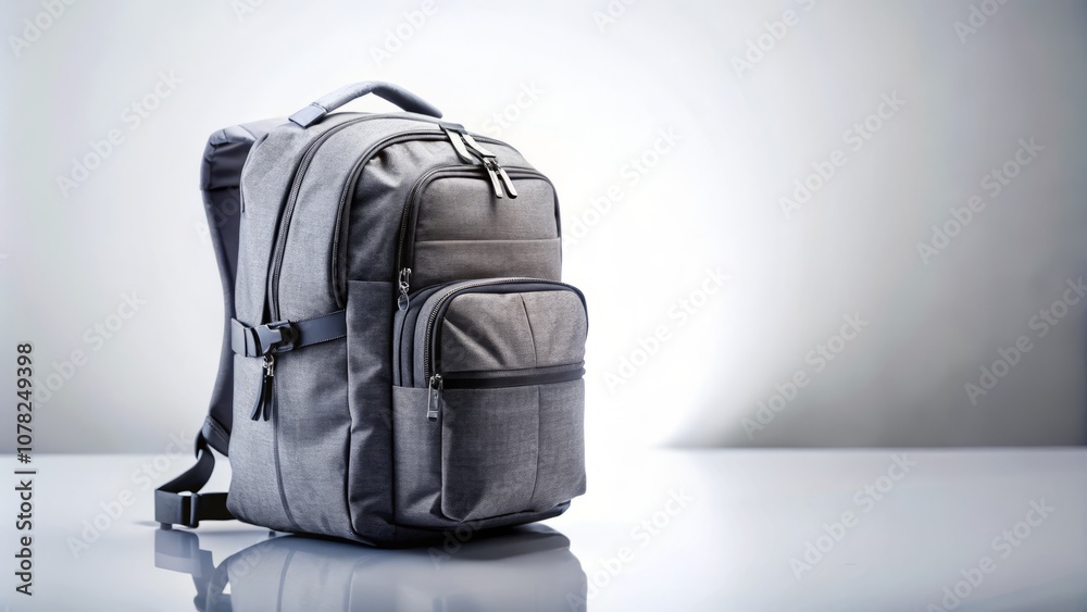 Naklejka premium Isolated Grey Backpack on a White Background with Tilt-Shift Effect for Travel and Outdoor Enthusiasts, Ideal for E-Commerce and Product Display in Stock Photography