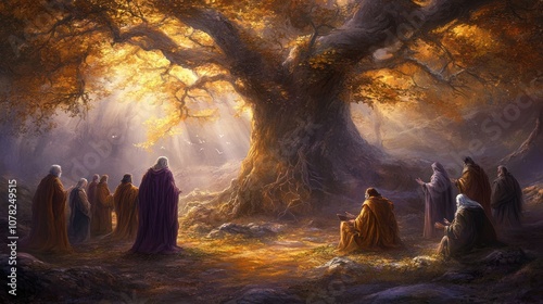 A group of robed figures gather around a large, ancient tree in a forest setting. The leaves of the tree are golden and the sun shines brightly through the branches.