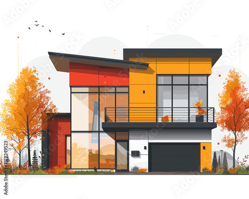 Large house with a red and yellow exterior. The house has a lot of windows and a balcony. The front of the house has a garage and a driveway. The house is surrounded by trees and grass