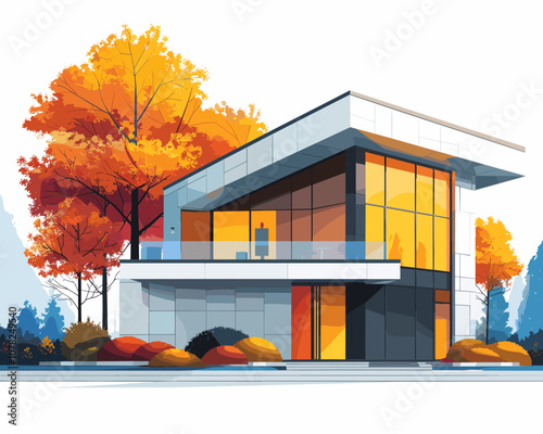 White house with a yellow roof and orange trim. The house is surrounded by trees and bushes