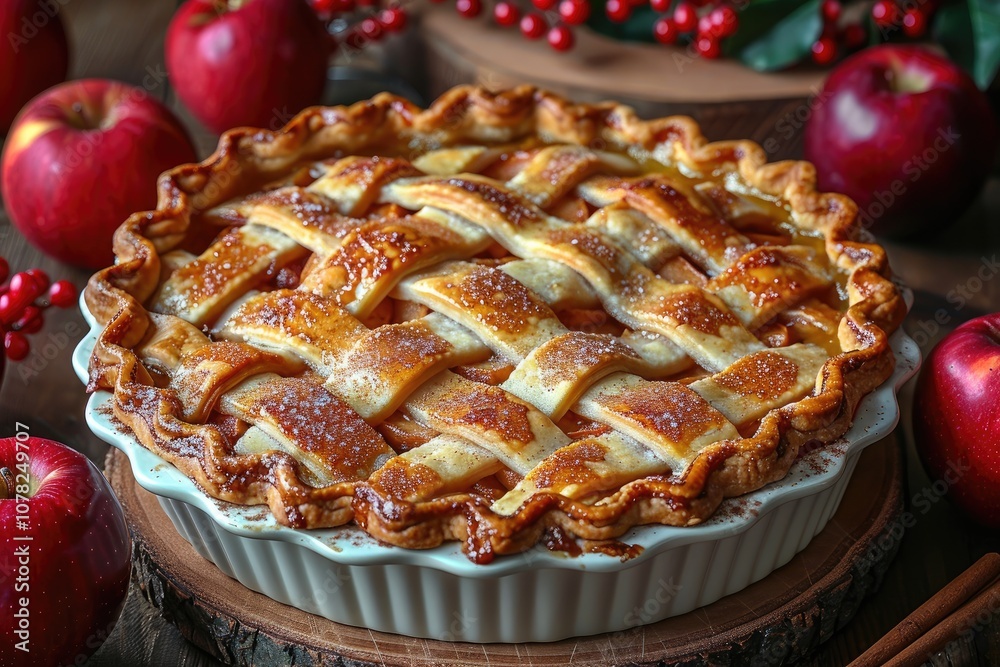A Golden-Brown Lattice-Topped Apple Pie in a White Dish A Golden-Brown Lattice-Topped Apple Pie in a White Dish