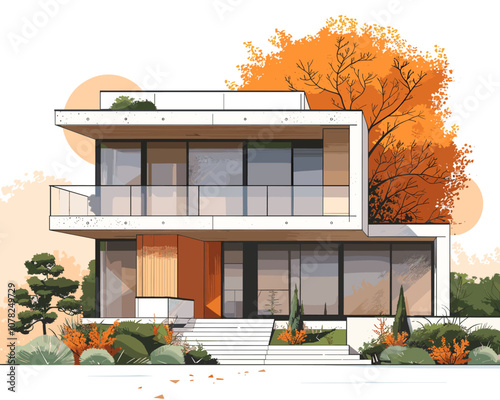 Large white house with a green tree in front of it. The house has a lot of windows and a balcony
