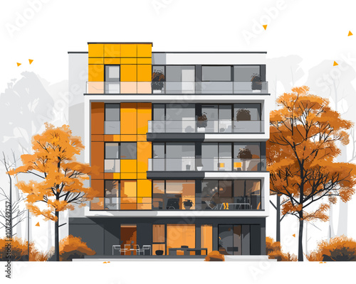 Tall building with a yellow facade and orange leaves on the trees in front. The building has a lot of windows and a balcony