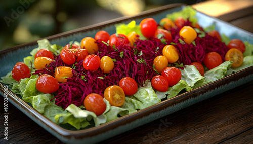 A platter with red and yellow cherry tomatoes, shredded beets, and lettuce.