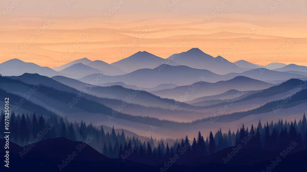 A scenic view of a mountain range at sunset with layers of blue mountains and a line of pine trees in the foreground. A scenic view of a mountain range at sunset with layers of blue mountains and a line of pine trees in the foreground.