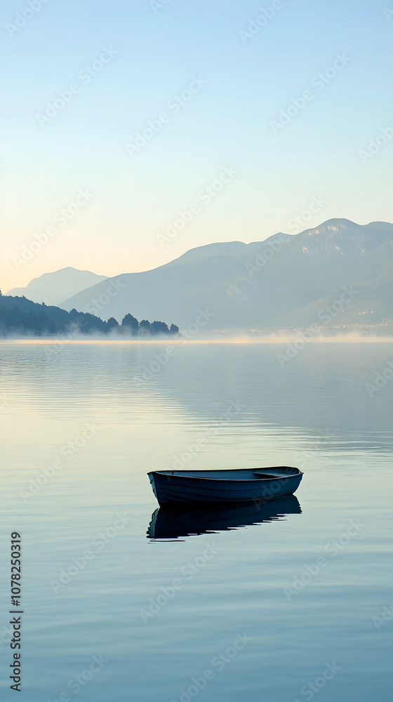 A small boat sits alone on a calm lake with mountains in the background, fog rolling in. A small boat sits alone on a calm lake with mountains in the background, fog rolling in.
