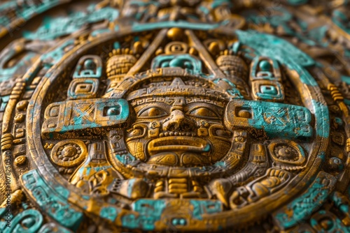 Intricate Close-Up of a Bronze and Turquoise Aztec Artifact Showcasing Detailed Carvings and Engravings Found in a Historical Exhibition photo