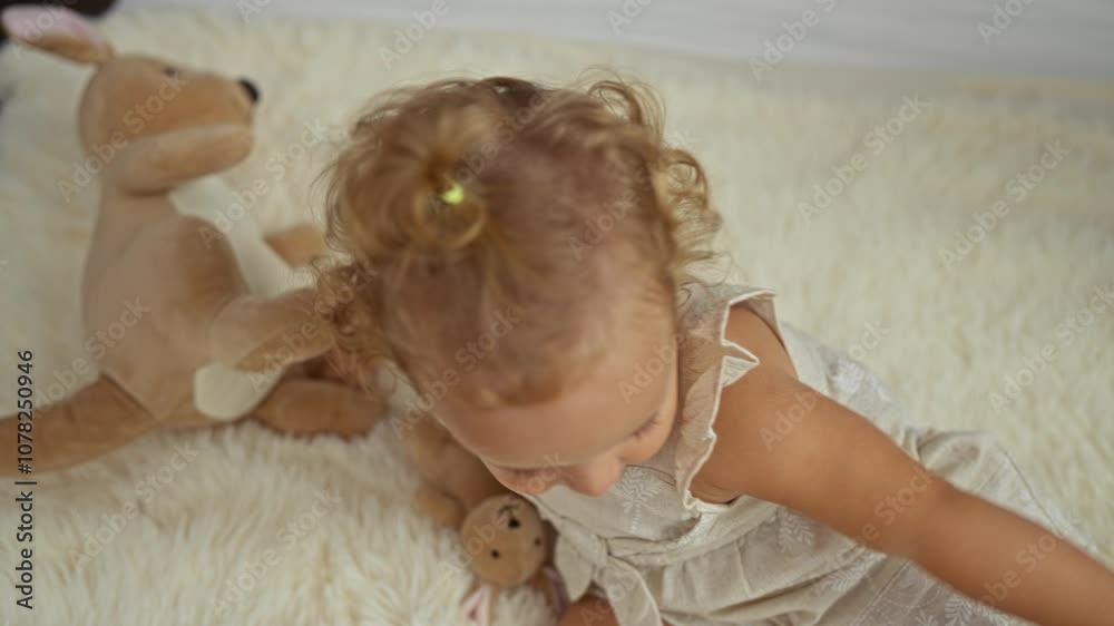 Blonde toddler girl playing with stuffed toys on a bed in a cozy bedroom interior Blonde toddler girl playing with stuffed toys on a bed in a cozy bedroom interior