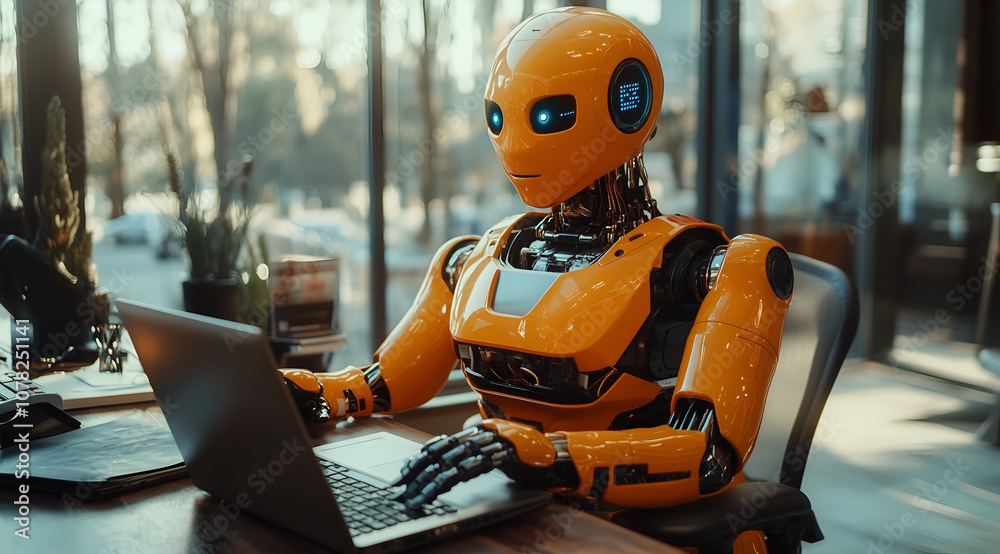 AI orange robot sitting at a desk with a laptop, looking at the camera and working on a computer in an office room AI orange robot sitting at a desk with a laptop, looking at the camera and working on a computer in an office room