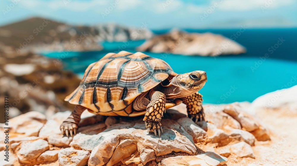 Obraz premium a turtle on the rock in the shore of a beautiful lake